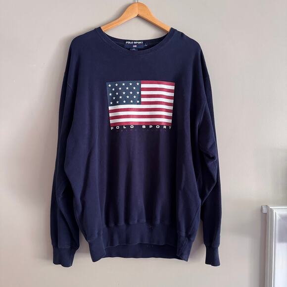 Polo Sport Ralph Lauren Vintage Crew Neck USA Flag Sweatshirt Large Blue 90s - Picture 1 of 6